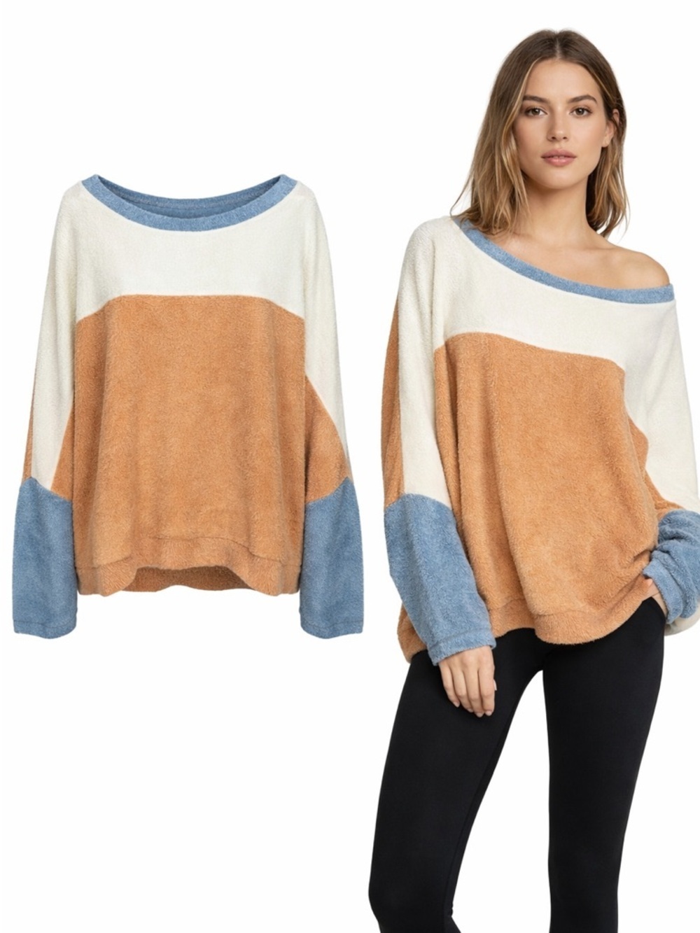 Free People Intimately | Tan Blue Colorblock Pullover | Cozy Lounge Top | Large